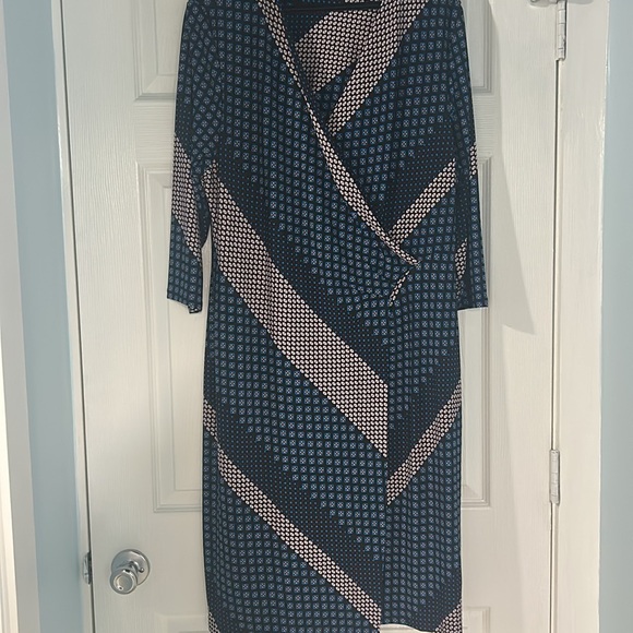 Chico's Blue Sheath Wrap Dress V-Neck 3/4 Sleeve Casual - Picture 7 of 11